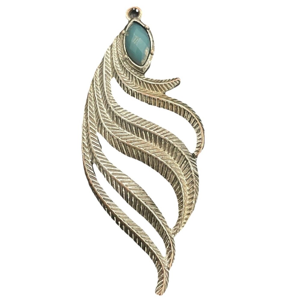 Vtg Silver Tone Boho Feather Leaf Pendant Faux Stone 3" Statement Piece